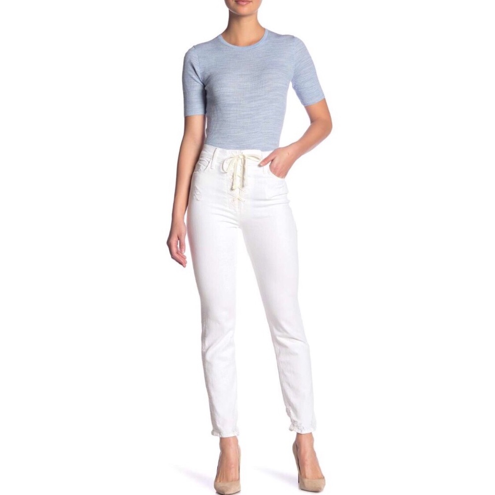 MOTHER White Lace-Up Slim Fit Distressed Jeans